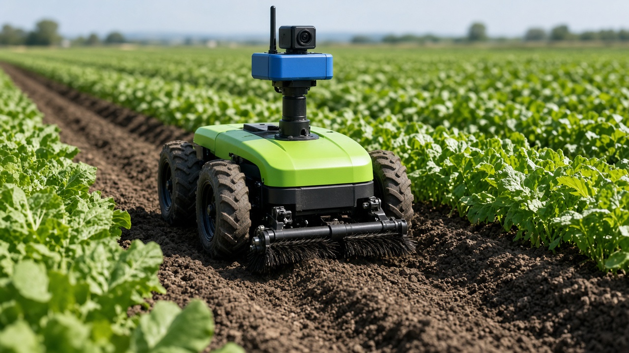 Robot agricole au sol entre les rangs