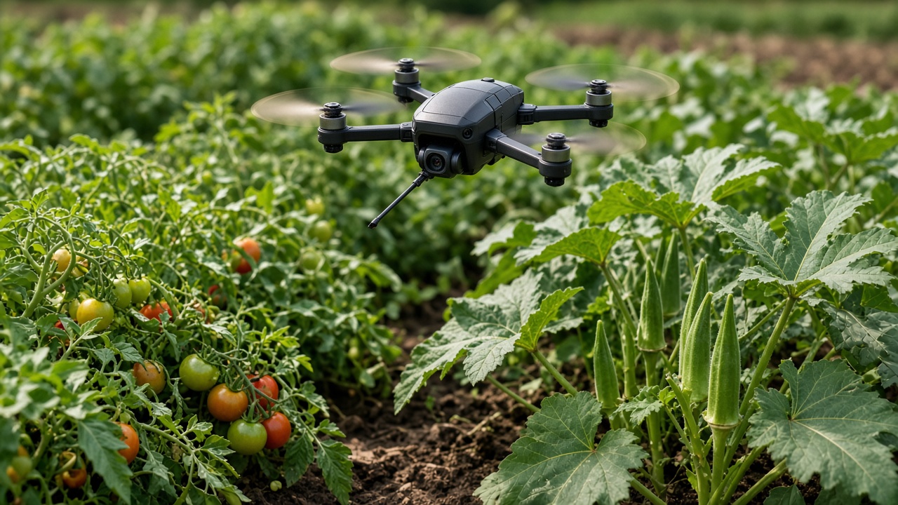 Petit robot volant au-dessus d’un rang